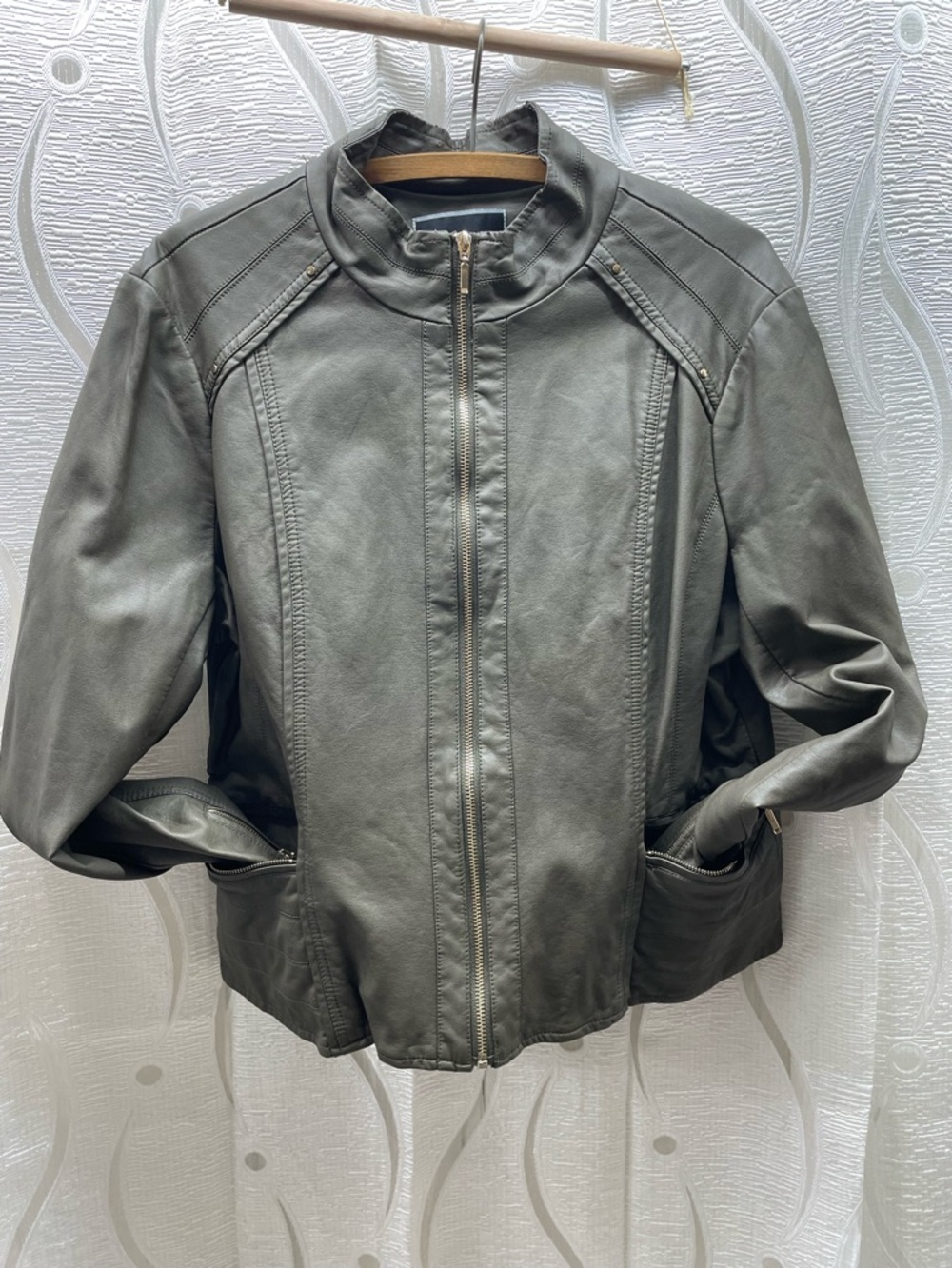 Le Chateau Moto Jacket Womens XL Olive Grey‎ Good Faux Leather Zip Biker